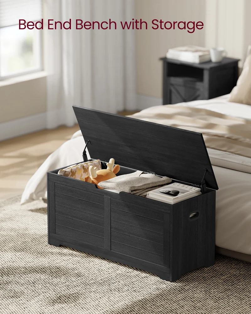 Storage Chest, Storage Bench with 2 Safety Hinges, Farmhouse Style, 15.7 x 39.4 x 18.1 Inches, for Entryway, Bedroom, Living Room, Charcoal Gray