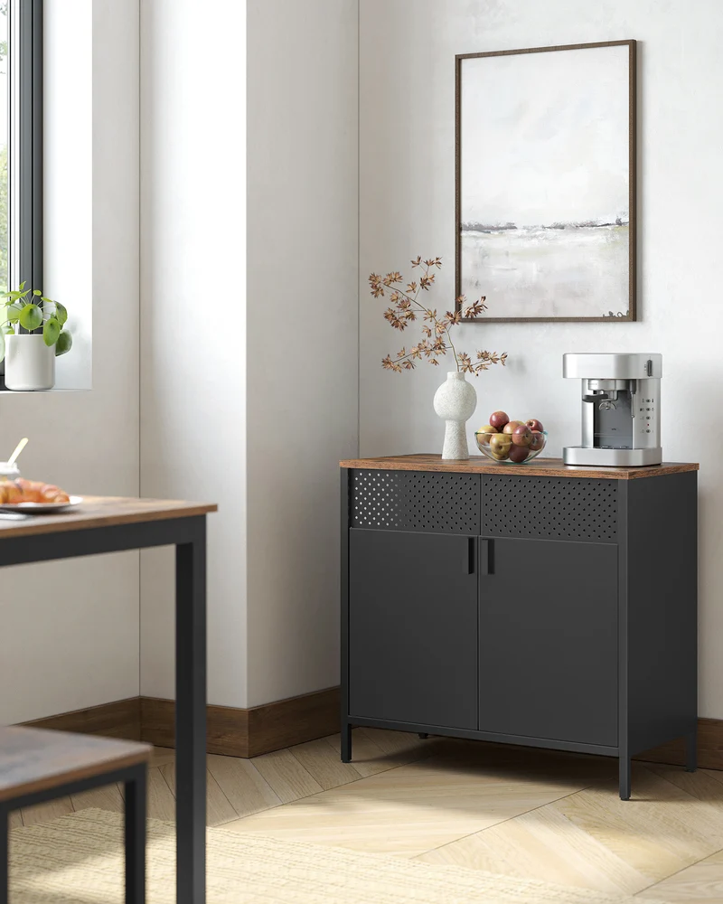 Storage Cabinet, Metal Cabinet, Sideboard with 2 Doors, 15.7 x 31.5 x 29.9 Inches, Magnetic Closure, Adjustable Shelf, Steel Frame, Rustic Brown and Black