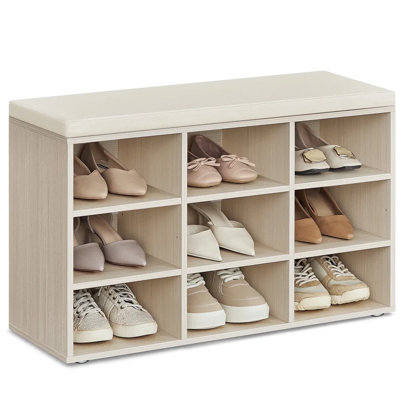 Shoe Bench with Cushion, Storage Bench with Adjustable Shelves