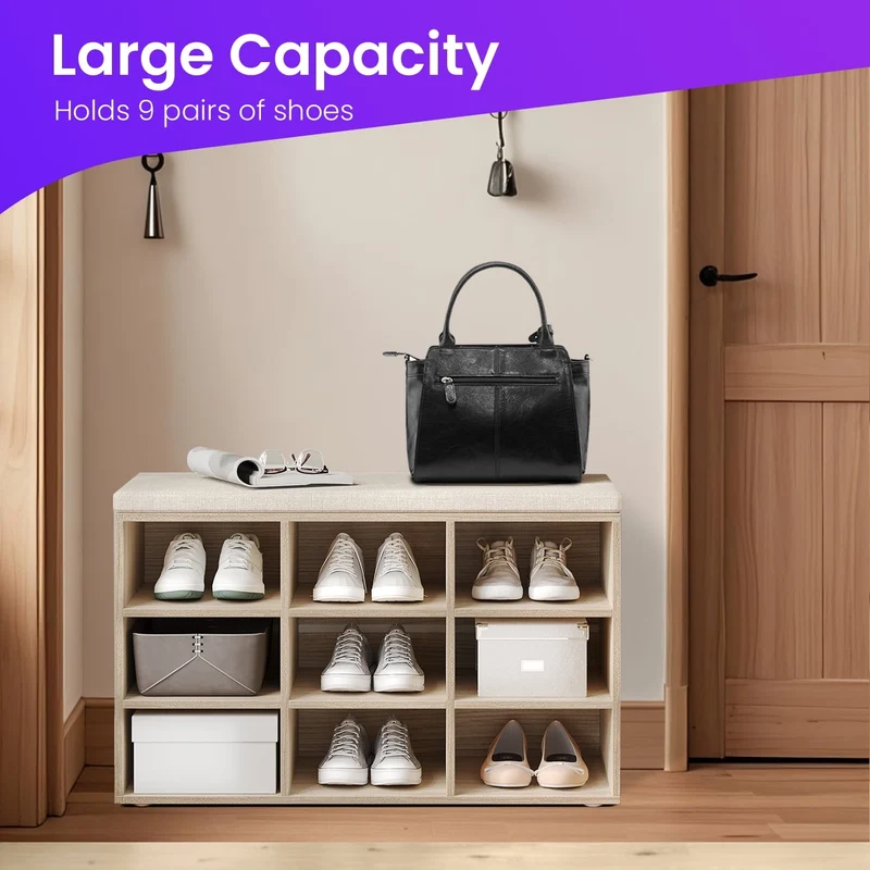 Shoe Bench with Cushion, Storage Bench with Adjustable Shelves