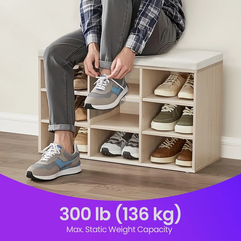 Shoe Bench with Cushion, Storage Bench with Adjustable Shelves