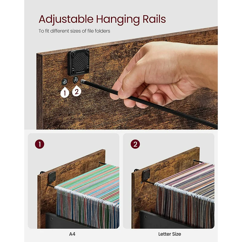File Cabinet, Printer Stand with 3 Lockable Drawers, Adjustable Hanging Rails, Rustic Brown + Black