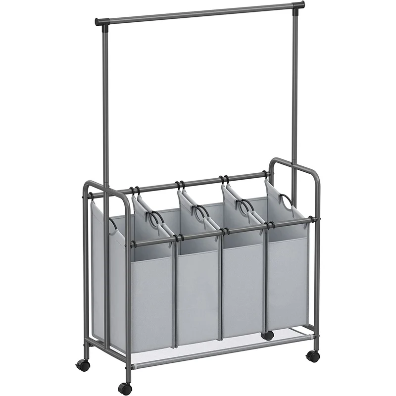 4-Section Laundry Sorter with wheels Rolling Laundry Hamper with Hanging Bar Laundry Organizer Gray