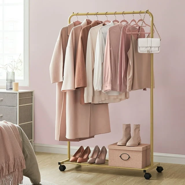 110 lb Load Capacity Clothes Rack with Wheels Garment Rack with Storage Shelf Clothing Rack for Bedroom 2 Brakes Steel Frame Gold