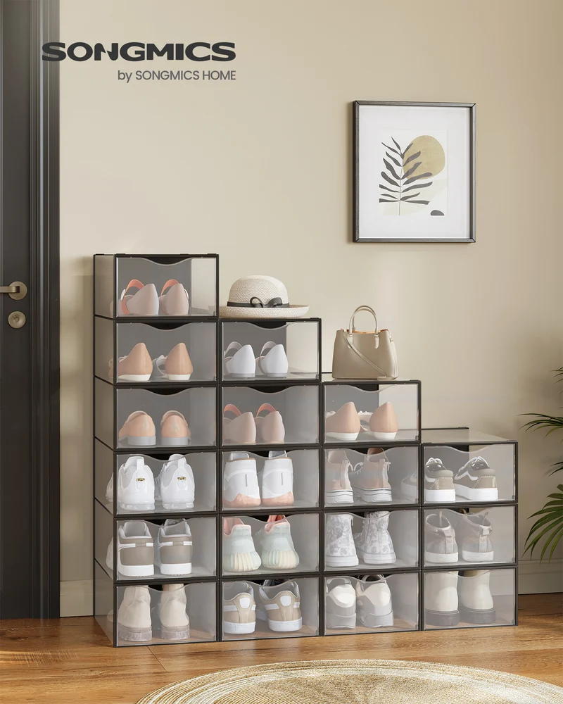 Stackable Shoe Boxes Set of 18 - Clear Plastic Shoe Organizers with Doors, Easy to Assemble, 9.1 x 13.1 x 5.6 Inches, Fits Up to US Size 9, Ink Black
