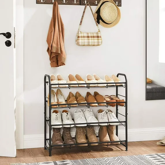 4 Tier Shoe Rack Metal Stackable Shoes Rack Storage Shelf Holds up to 20 Pairs Shoes Adjustable Slanted Shelves Shoe Tower Organizer for Closet Entryway Small Spaces Black