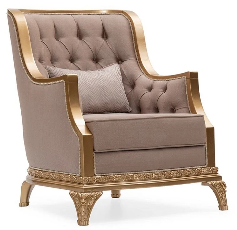 Casa Padrino Luxus Barock Wohnzimmer Set Braun / Gold - 2 Sofas & 2 Sessel & 1 Couchtisch & 2 Beistelltische - Handgefertigte Luxus Wohnzimmer Möbel im Barockstil - Edel & Prunkvoll