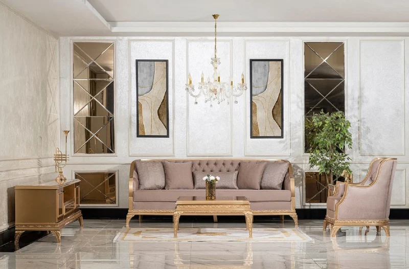 Casa Padrino Luxus Barock Wohnzimmer Set Braun / Gold - 2 Sofas & 2 Sessel & 1 Couchtisch & 2 Beistelltische - Handgefertigte Luxus Wohnzimmer Möbel im Barockstil - Edel & Prunkvoll