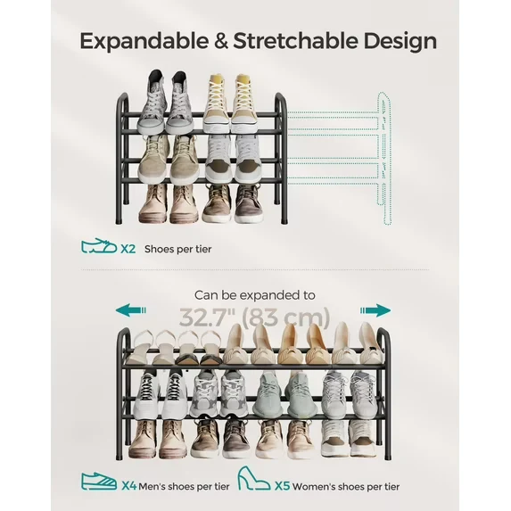 Shoe Rack - 2 Tier Expandable Shoe Organizer - Metal Shoe Shelf Storage - Ink Black