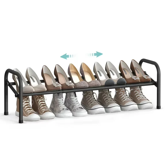 SONGMICS Expandable 1-Tier Shoe Rack Shelf - Adjustable Shoe Organizer for 10 Pairs of Shoes - Metal Free Standing Shoe Rack for Closet, Entryway - Easy Assembly, Ink Black