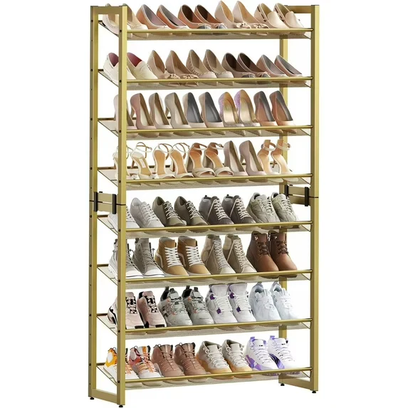 Shoe Rack, 8-Tier Shoe Organizer, Metal Shoe Storage for Garage, Entryway, Set of 2, 4-Tier Stackable Shoe Shelf, with Adjustable Flat or Angled Shelves, 32-40 Pairs, Pale Gold