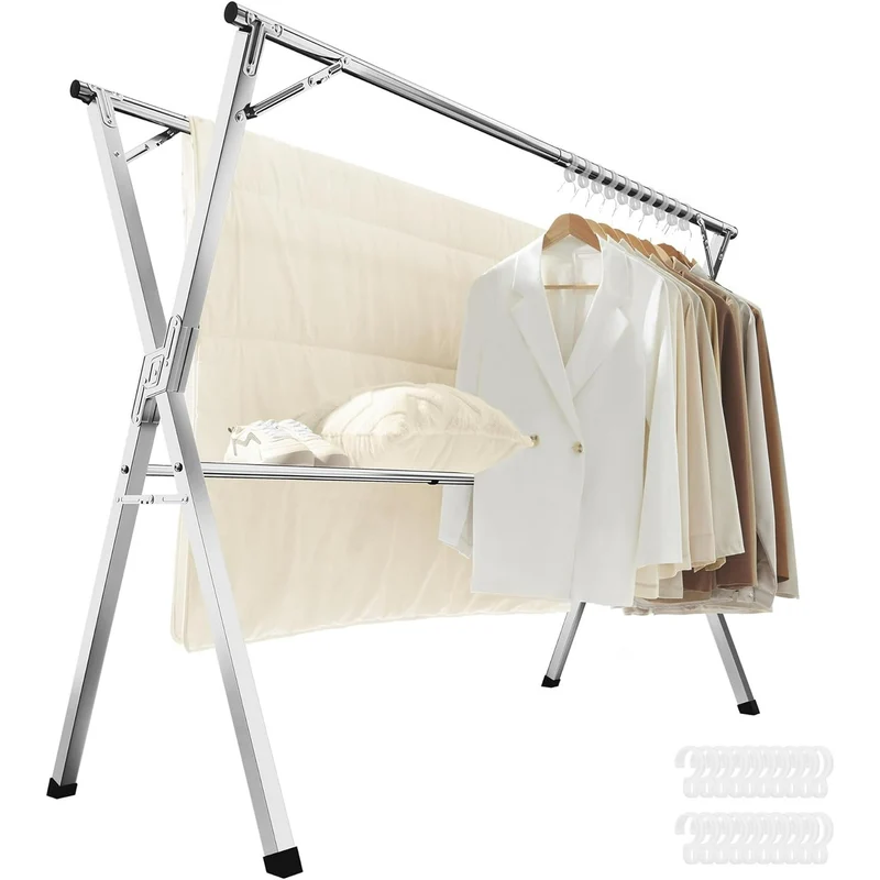 SONGMICS Clothes Drying Rack, Heavy-Duty Laundry Drying Rack, 45.7-63.4 Inches Extendable, Foldable Freestanding Airer Indoor Outdoor Use, Dove Gray