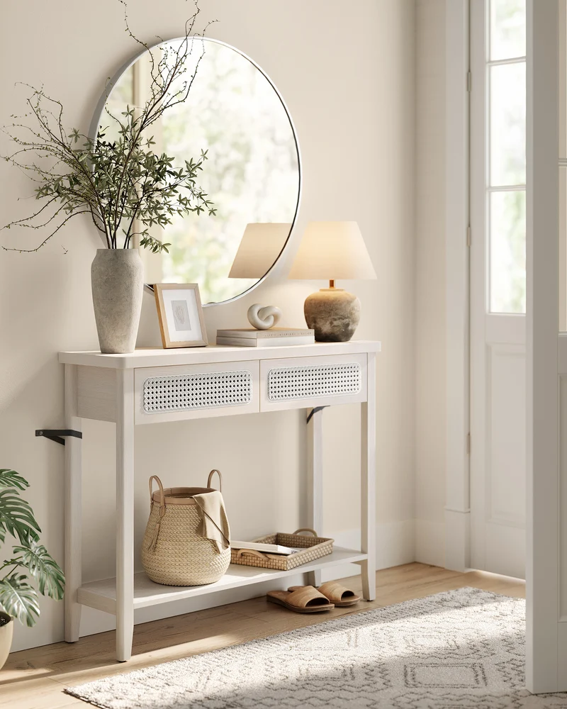 Console Table, Sofa Table, Narrow Entryway Table with 2 Drawers, Open Storage Shelf, Rounded Corners, for Living Room, Boho Style, Oatmeal Beige