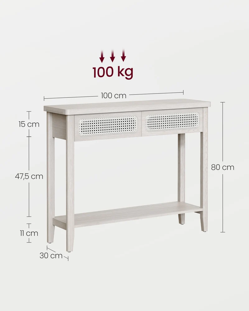 Console Table, Sofa Table, Narrow Entryway Table with 2 Drawers, Open Storage Shelf, Rounded Corners, for Living Room, Boho Style, Oatmeal Beige