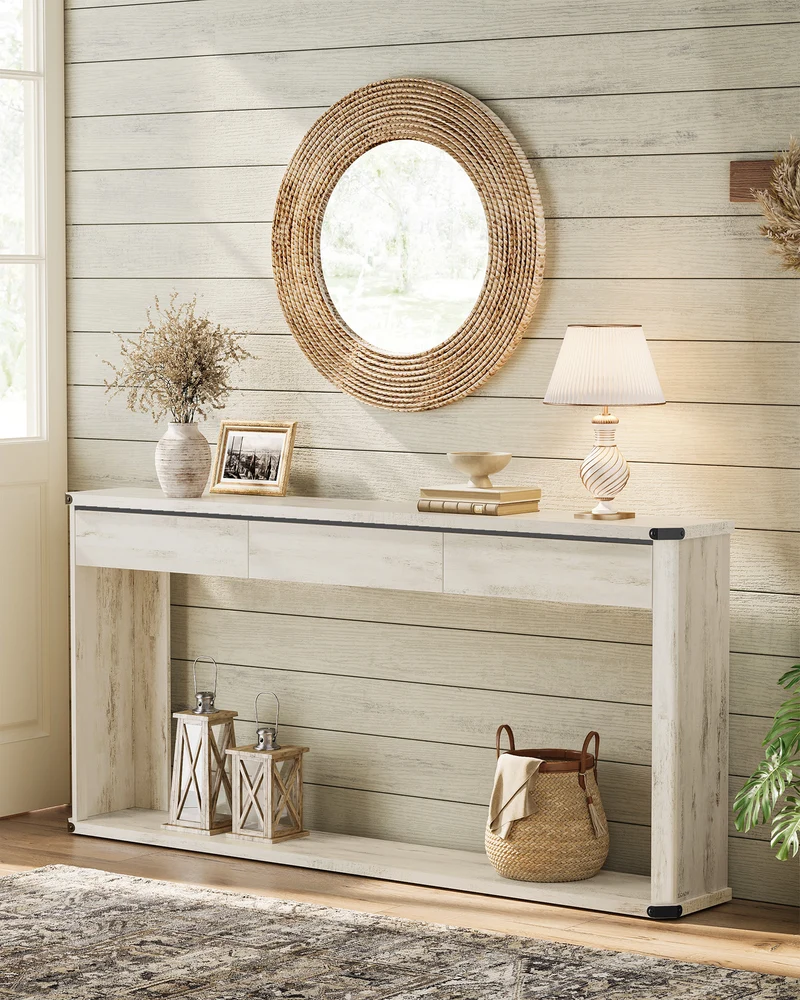 Console Table, 63 Inches Sofa Table, Narrow Entryway Table, Entry Table with 3 Drawers, Bottom Shelf, Metal Corners, for Living Room, Bedroom, Farmhouse Style, Rustic White