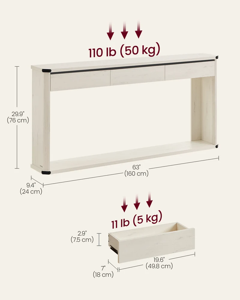 Console Table, 63 Inches Sofa Table, Narrow Entryway Table, Entry Table with 3 Drawers, Bottom Shelf, Metal Corners, for Living Room, Bedroom, Farmhouse Style, Rustic White