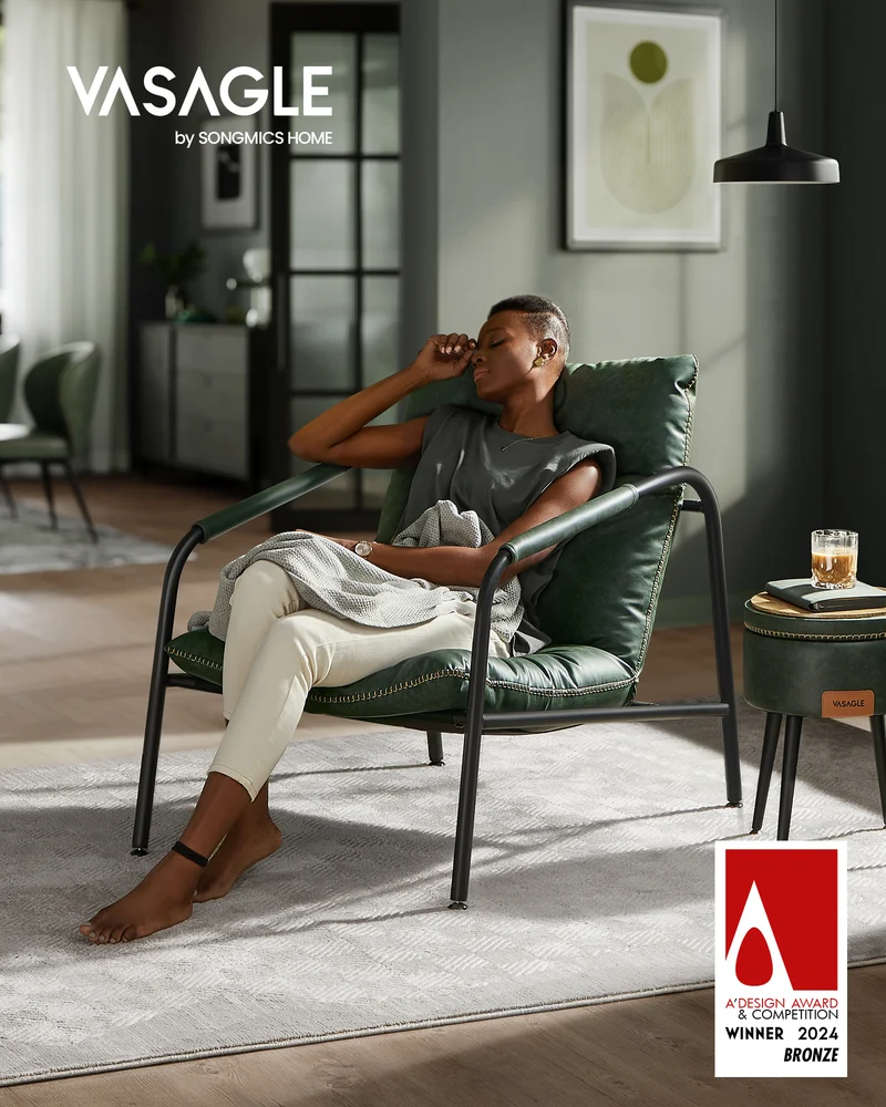 Accent Chair, Metal Framed Armchair, Synthetic Leather with Stitching, Mid-Century Modern, Sling Chair for Living, Bedroom, Reading Room, Lounge, Forest Green