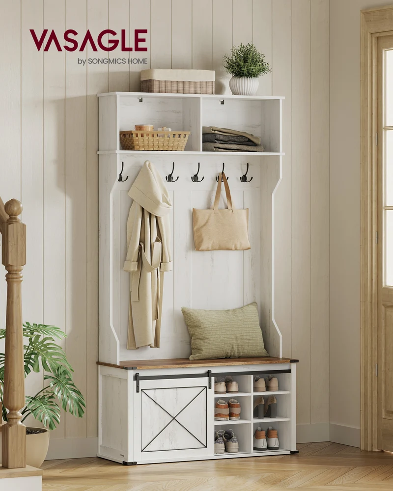 Hall Tree with Bench and Shoe Storage, Coat Rack with Shoe Bench, Entryway Furniture, 6 Tri-Hooks, Sliding Door, Farmfouse Style, Space Saving, Rustic White and Honey Brown