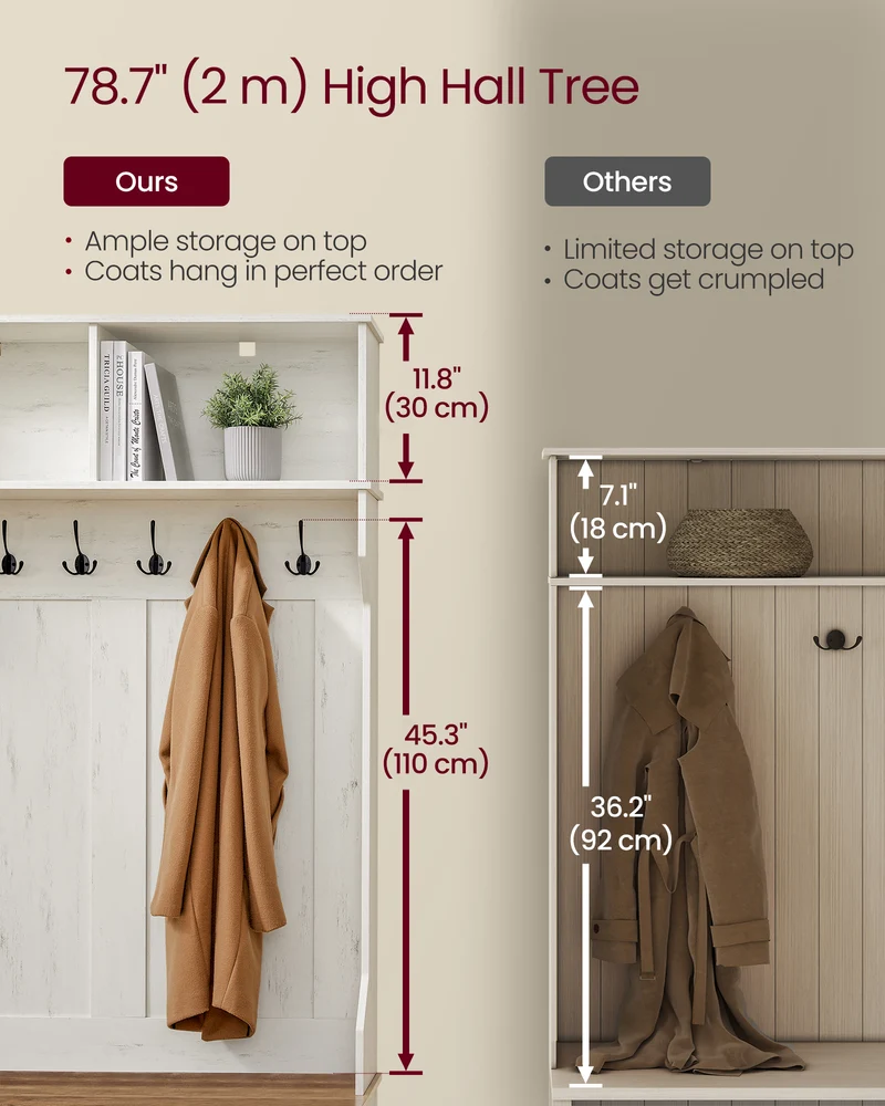 Hall Tree with Bench and Shoe Storage, Coat Rack with Shoe Bench, Entryway Furniture, 6 Tri-Hooks, Sliding Door, Farmfouse Style, Space Saving, Rustic White and Honey Brown