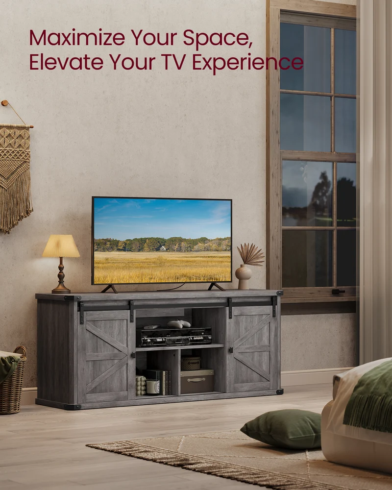 TV Stand for TVs up to 65 Inches, Farmhouse Entertainment Center with Sliding Barn Doors, TV Console Table for Living Room, Misty Gray