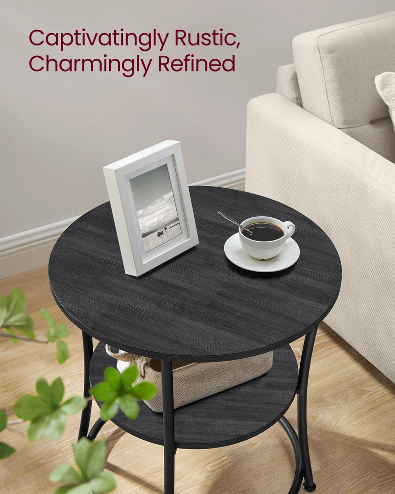 Side Table, 2-Tier Round End Table, Nightstand with Steel Frame for Small Spaces, Living Room, Bedroom, Charcoal Gray and Ink Black