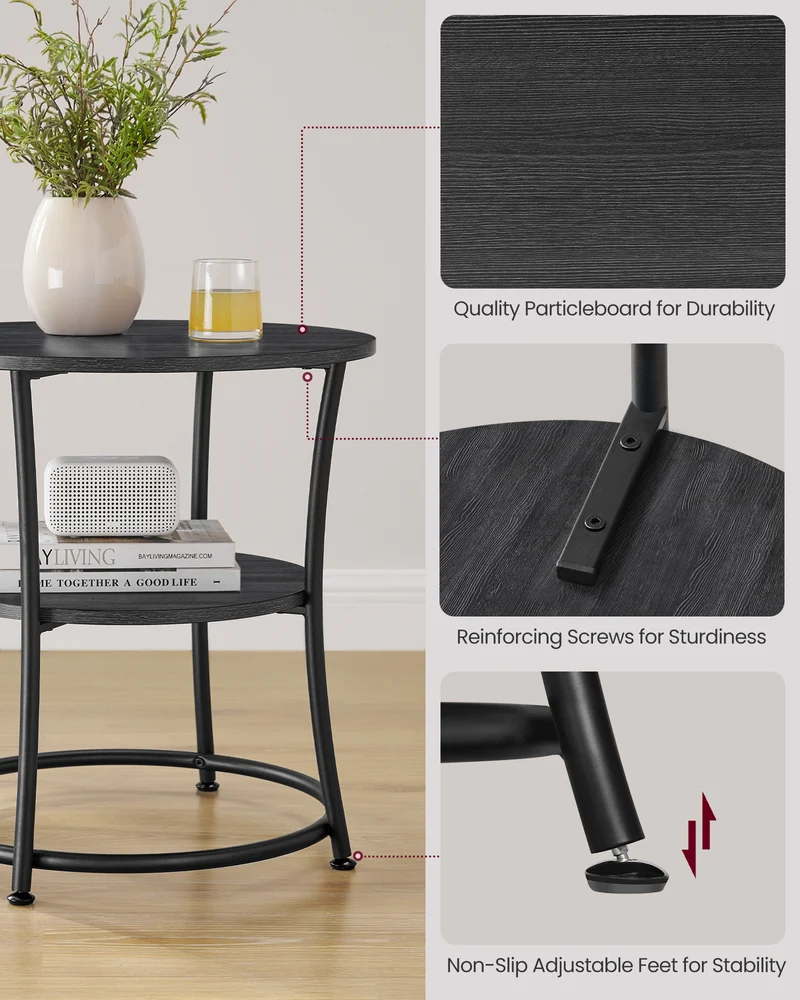 Side Table, 2-Tier Round End Table, Nightstand with Steel Frame for Small Spaces, Living Room, Bedroom, Charcoal Gray and Ink Black