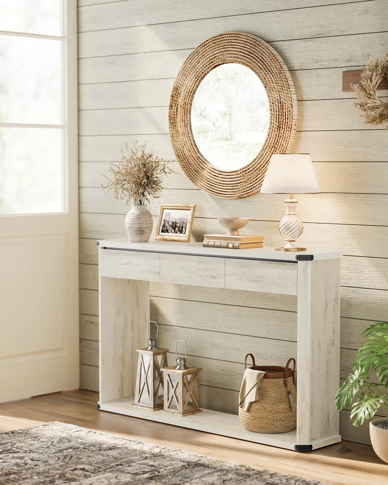 Console Table, 47.2 Inches Sofa Table, Narrow Entryway Table, Entry Table with 3 Drawers, Bottom Shelf, Metal Corners, for Living Room, Bedroom, Farmhouse Style, Rustic White