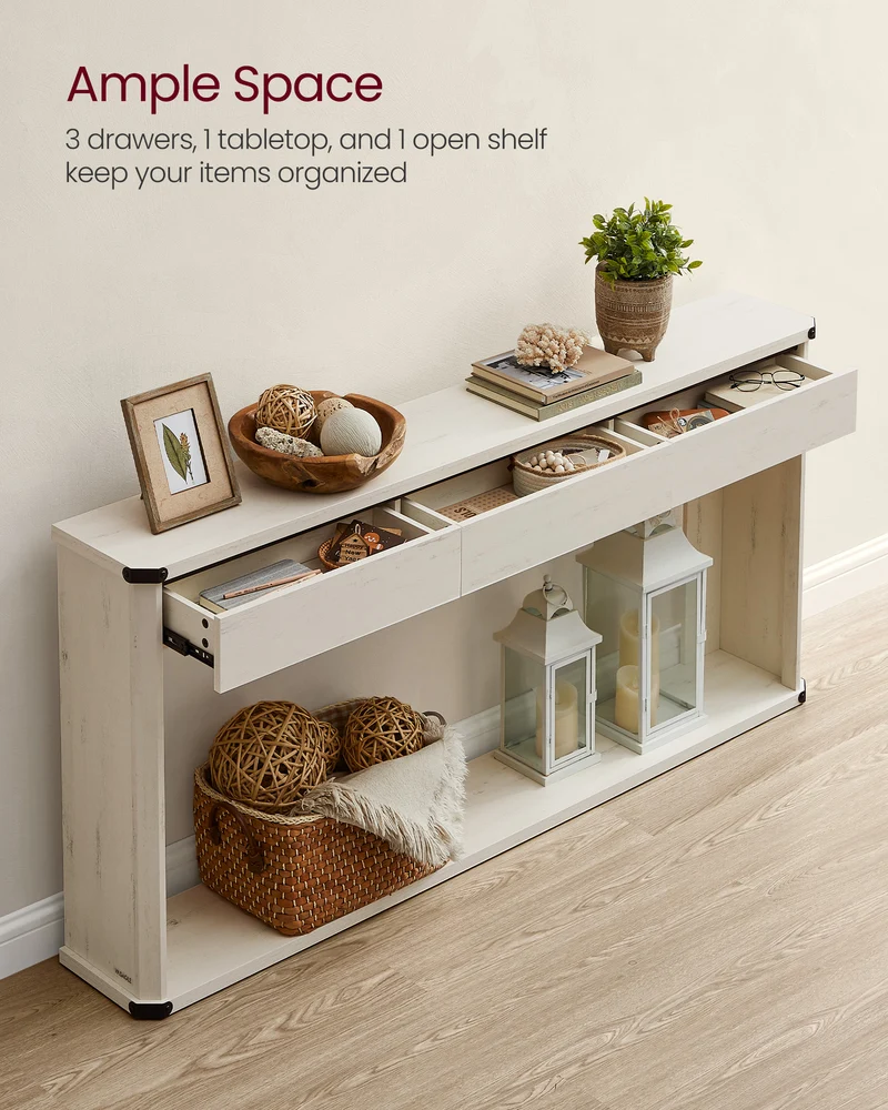 Console Table, 47.2 Inches Sofa Table, Narrow Entryway Table, Entry Table with 3 Drawers, Bottom Shelf, Metal Corners, for Living Room, Bedroom, Farmhouse Style, Rustic White