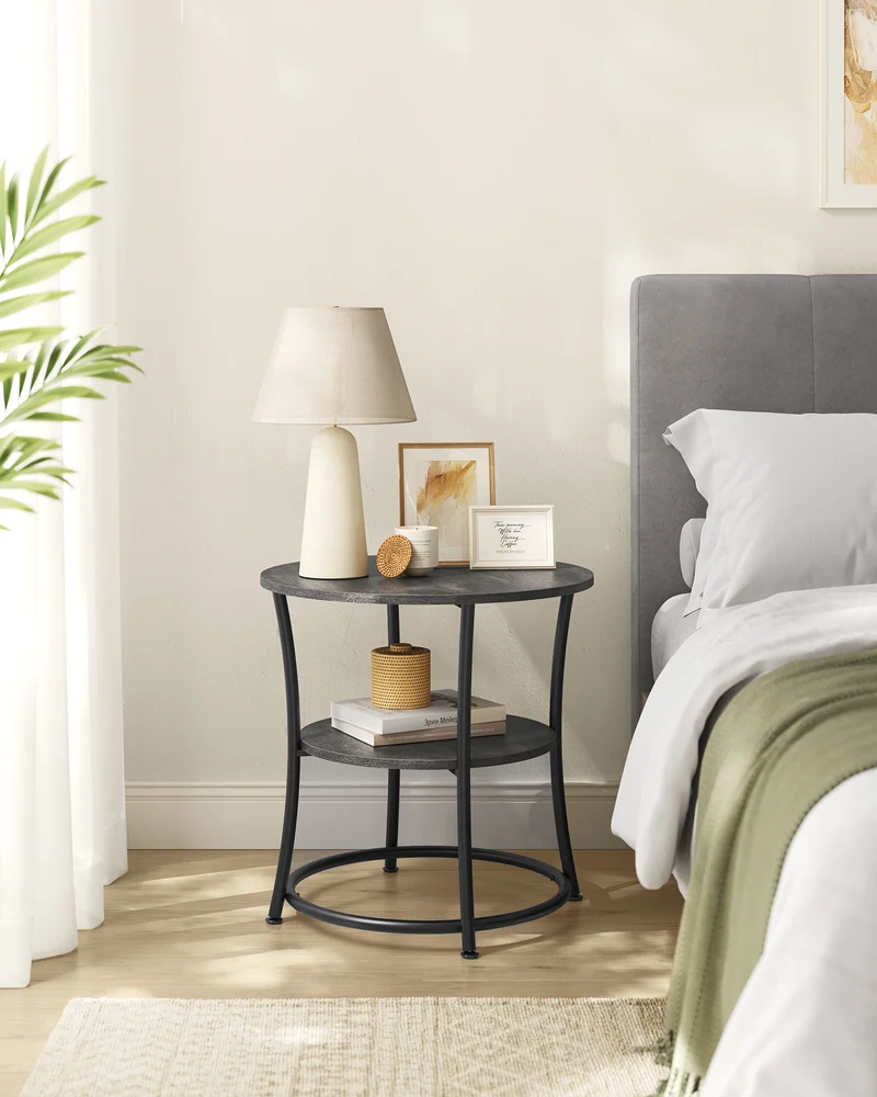 Side Table, 2-Tier Round End Table, Nightstand with Steel Frame for Small Spaces, Living Room, Bedroom, Misty Gray and Ink Black