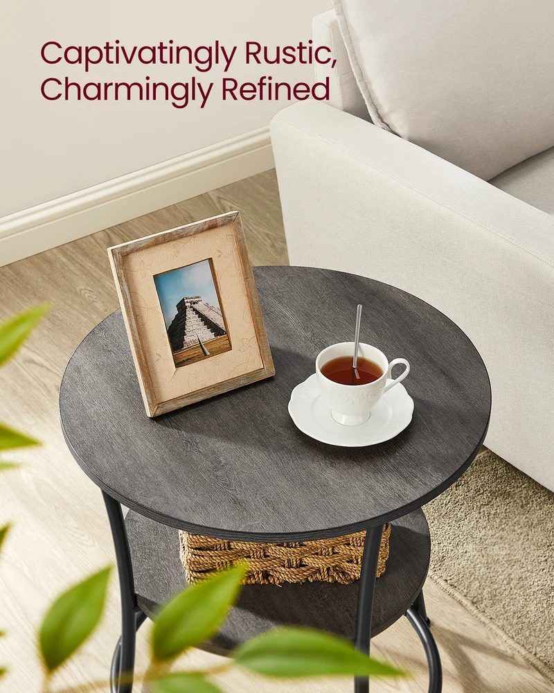 Side Table, 2-Tier Round End Table, Nightstand with Steel Frame for Small Spaces, Living Room, Bedroom, Misty Gray and Ink Black