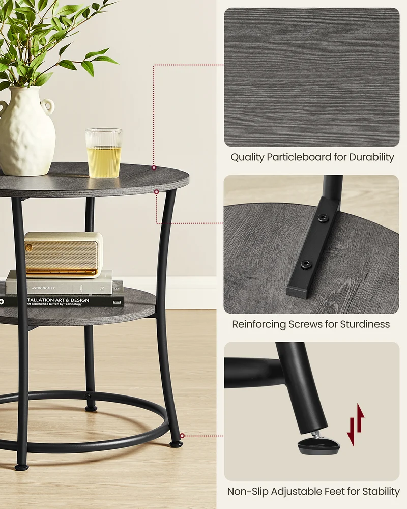 Side Table, 2-Tier Round End Table, Nightstand with Steel Frame for Small Spaces, Living Room, Bedroom, Misty Gray and Ink Black