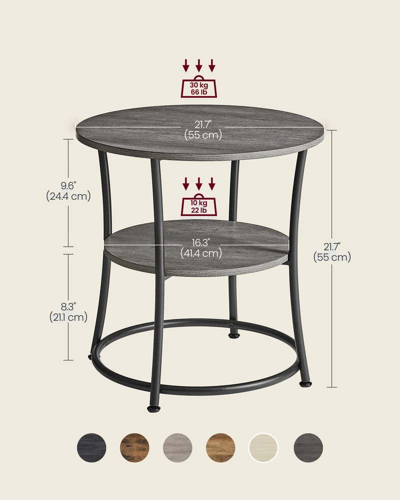 Side Table, 2-Tier Round End Table, Nightstand with Steel Frame for Small Spaces, Living Room, Bedroom, Misty Gray and Ink Black