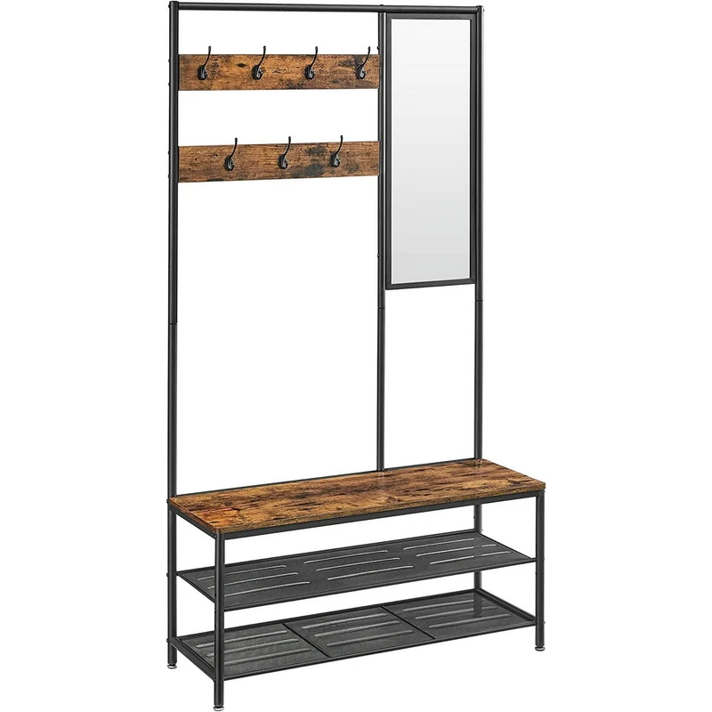 VASAGLE Coat Rack Shoe Bench with Mirror Hall Tree, Brown and Black