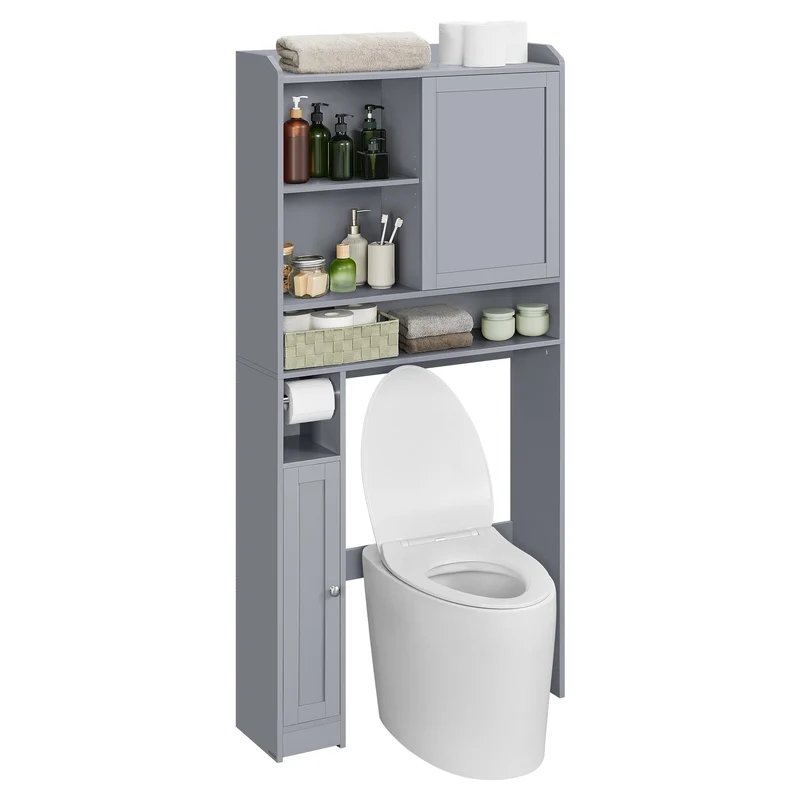 Space-Saving Over-The-Toilet Storage Shelf with Sliding Door and Adjustable Shelves - Modern Bathroom Organizer