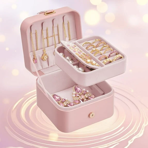 LEDREM 2-Layer Travel Jewelry Organizer Box, Compact & Portable with Removable Tray & Necklace Hooks, for Earrings, Rings, Bracelets, Jelly Pink