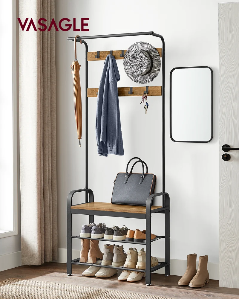 Coat Rack, Hall Tree with Shoe Bench for Entryway, Entryway Bench with Coat Rack, 4-in-1, with 9 Removable Hooks, a Hanging Rod, 13.3 x 28.3 x 72.1 Inches, Rustic Walnut and Black