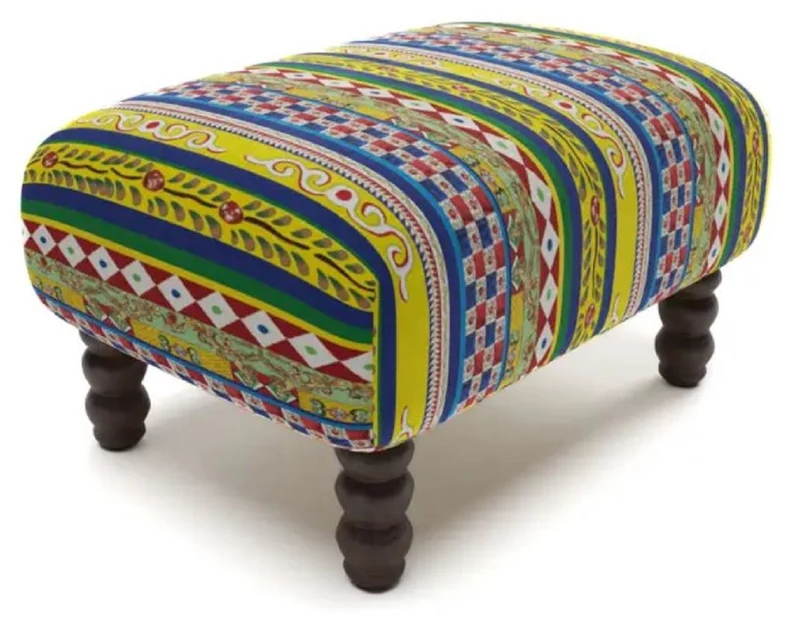 Casa Padrino Luxus Fußhocker mit Streifen Mehrfarbig / Schwarz 77 x 55 x H. 45 cm - Rechteckiger Samt Hocker - Wohnzimmer Möbel - Hotel Möbel - Luxus Möbel - Luxus Einrichtung