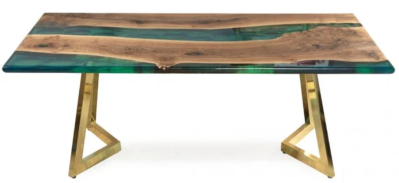 Casa Padrino Luxus Esstisch Braun / Grün / Gold 210 x 100 x H. 76 cm - Rechteckiger Küchentisch mit Epoxiharz - Esszimmer Möbel - Epoxiharz Möbel - Luxus Möbel
