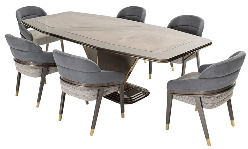 Casa Padrino Luxus Esszimmer Set Blau / Grau / Gold - 1 Luxus Esstisch & 6 Luxus Esszimmerstühle - Esszimmer Möbel - Luxus Möbel - Luxus Einrichtung