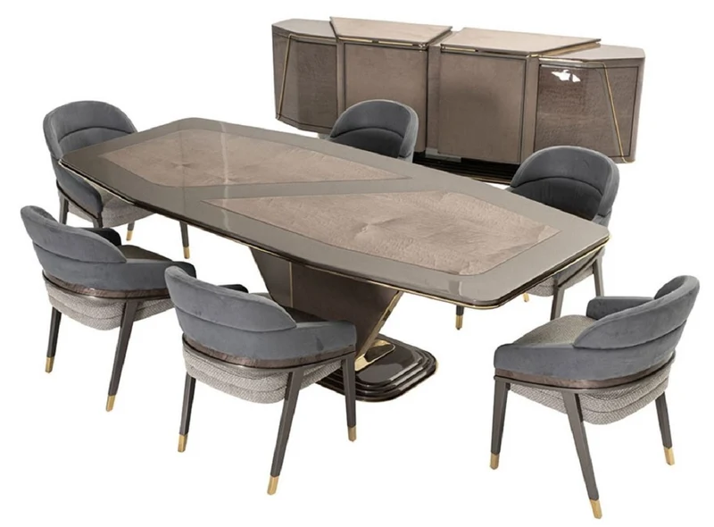 Casa Padrino Luxus Esszimmer Set Blau / Grau / Gold - 1 Luxus Esstisch & 6 Luxus Esszimmerstühle - Esszimmer Möbel - Luxus Möbel - Luxus Einrichtung