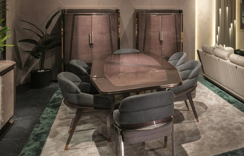 Casa Padrino Luxus Esszimmer Set Blau / Grau / Gold - 1 Luxus Esstisch & 6 Luxus Esszimmerstühle - Esszimmer Möbel - Luxus Möbel - Luxus Einrichtung