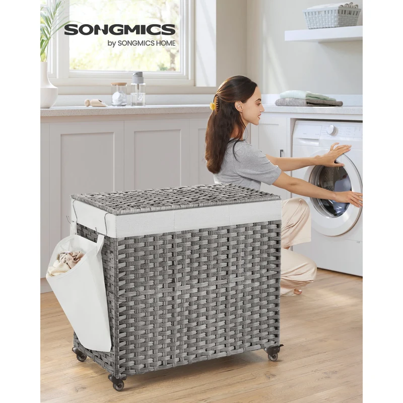 SONGMICS 160L Laundry Hamper with Lid Rolling Laundry Basket with Wheels 3-Section Synthetic Rattan Laundry Hamper Removable Liner for Bedroom Gray