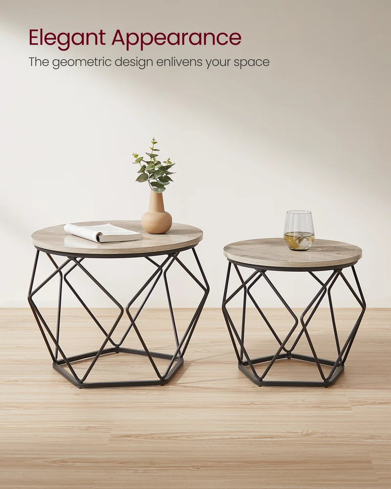 Small Coffee Table Set of 2, Round Coffee Table with Steel Frame, Side End Table for Living Room, Bedroom, Office, Greige and Ink Black