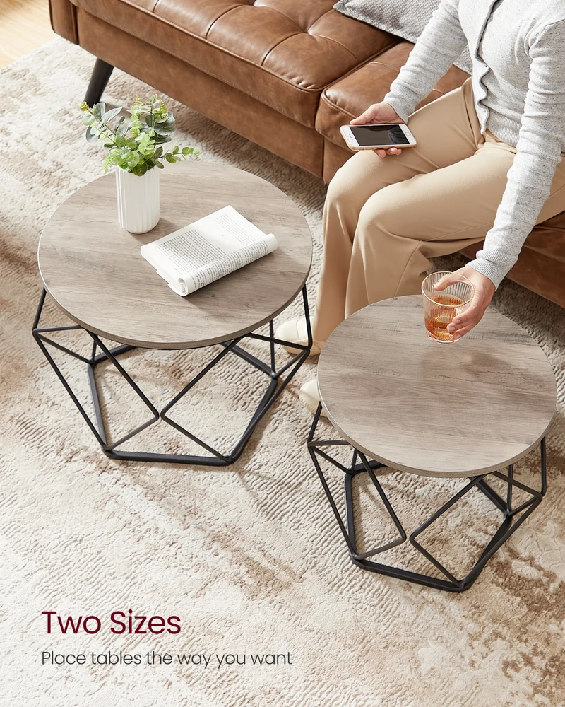 Small Coffee Table Set of 2, Round Coffee Table with Steel Frame, Side End Table for Living Room, Bedroom, Office, Greige and Ink Black