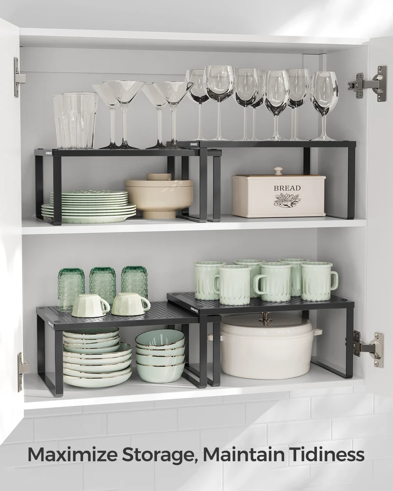 Spice Racks, Set of 2 Metal Cabinet Shelf Organizers, Countertop Organizers, Shelf Risers, Stackable, Expandable, Ink Black
