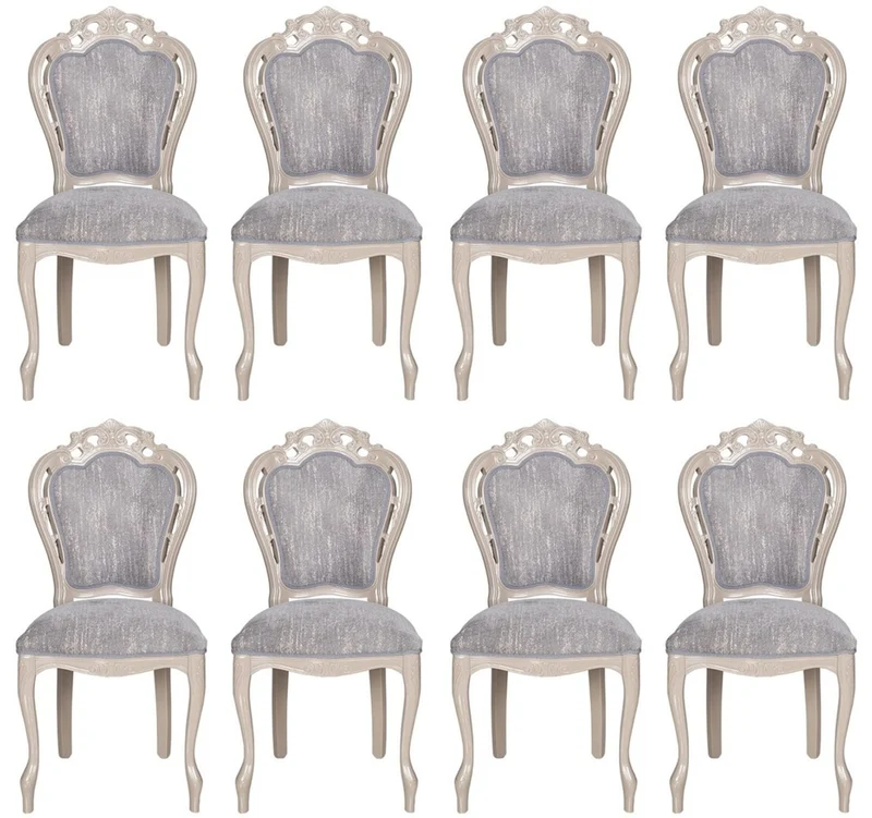 Casa Padrino Luxus Barock Esszimmer Stuhl 8er Set Grau / Hochglanz Beige 49,5 x 57 x H. 102,5 cm - Barockstil Küchen Stühle - Prunkvolle Luxus Esszimmer Möbel im Barockstil - Edel & Prunkvoll