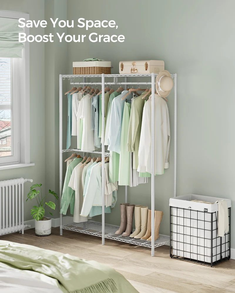 Clothes Rack, Freestanding Wardrobe Closet, Metal Clothing Racks, Heavy-Duty Garment Rack with Adjustable Shelves, Hanging Rods, Dividable, 15.8 x 47.2 x 70.9 Inches, Cloud White