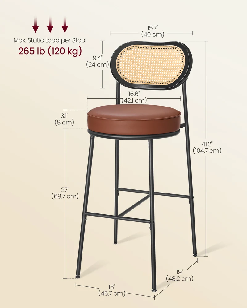Bar Stools Set of 2, Bar Height Stools with Rattan Back and Metal Legs, 30.1-Inch Tall Counter Chairs, Modern Leather Upholstered Barstools for Kitchen Island Dining Room, Caramel Brown