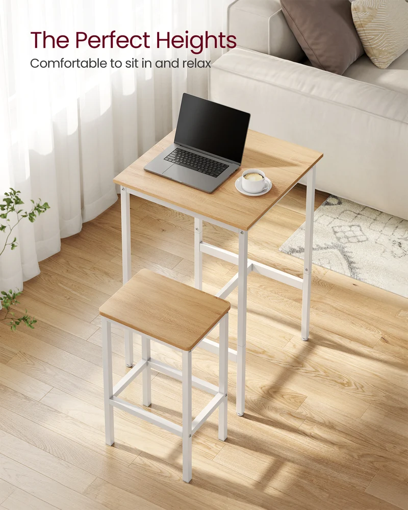 Bar Table and Chairs Set, Square Table with 2 Stools, Dining Pub Set for 2, Space Saving for Kitchen Breakfast, Living Room, Party Room, Golden Oak and Cloud White