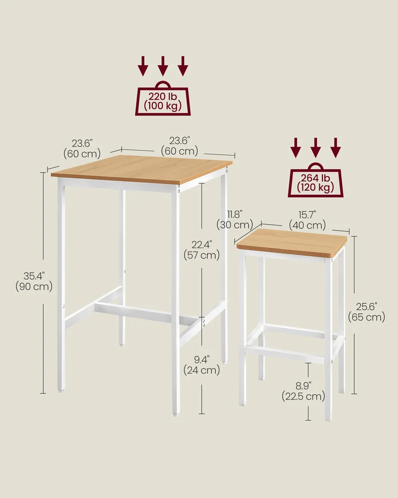 Bar Table and Chairs Set, Square Table with 2 Stools, Dining Pub Set for 2, Space Saving for Kitchen Breakfast, Living Room, Party Room, Golden Oak and Cloud White